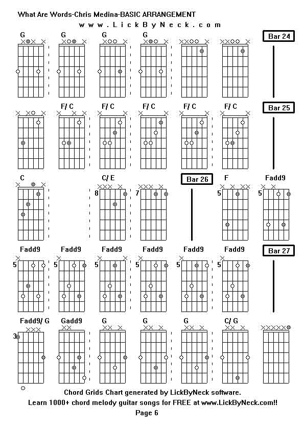 Chord Grids Chart of chord melody fingerstyle guitar song-What Are Words-Chris Medina-BASIC ARRANGEMENT,generated by LickByNeck software.